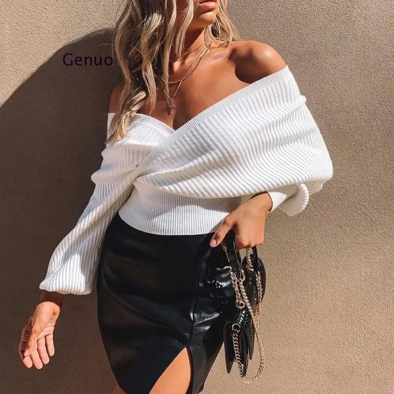 New Autumn Winter Women's Knitted Sweaters Long Sleeve Short Crop Top Deep V Neck Sexy Sweater Women Casual Knitwear Shirts