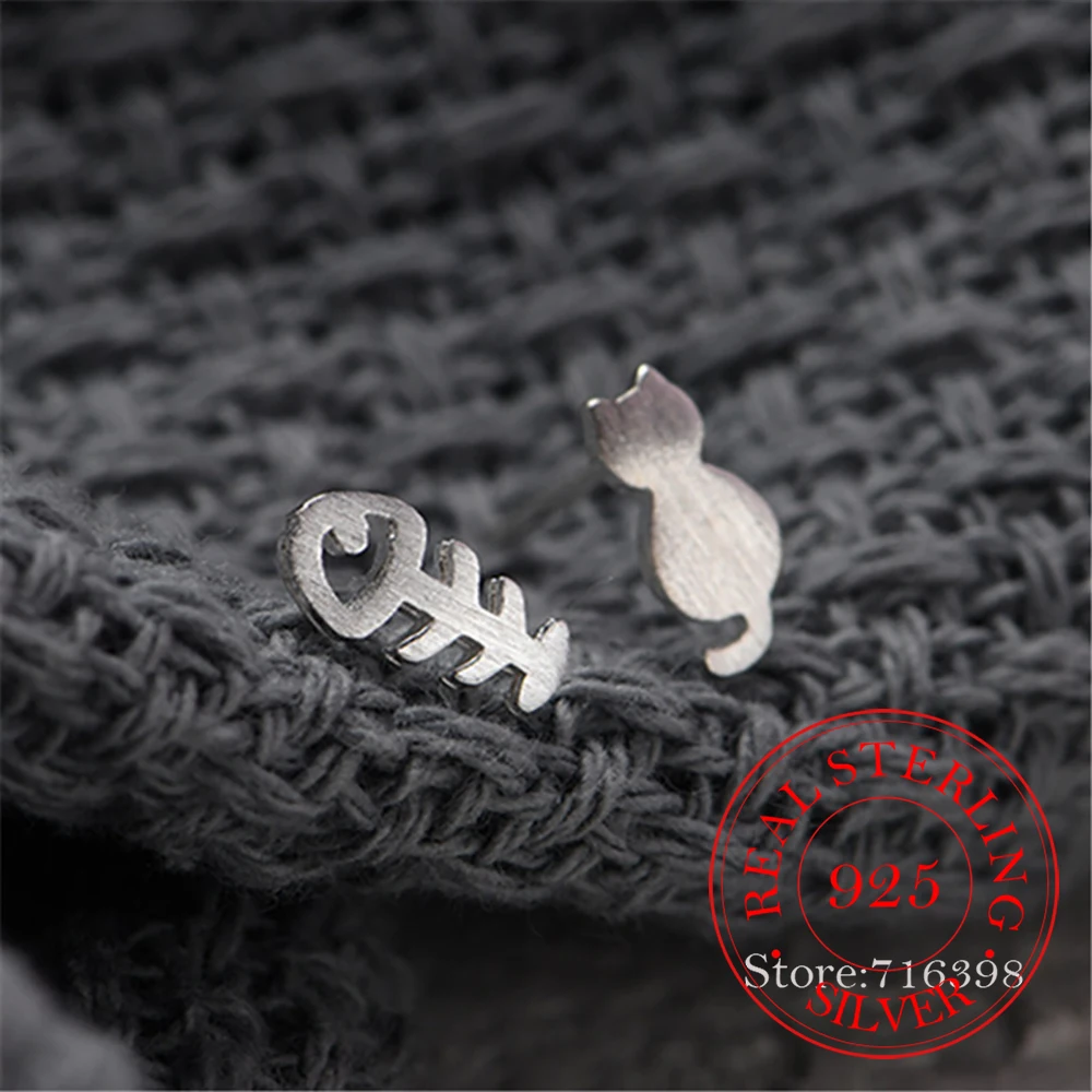 

Женские асимметричные серьги-гвоздики, серьги из стерлингового серебра 925 пробы с котом и рыбкой, подарок на свадьбу