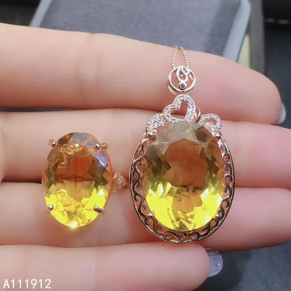 

KJJEAXCMY fine jewelry Citrine 925 sterling silver women pendant necklace chain ring set luxury