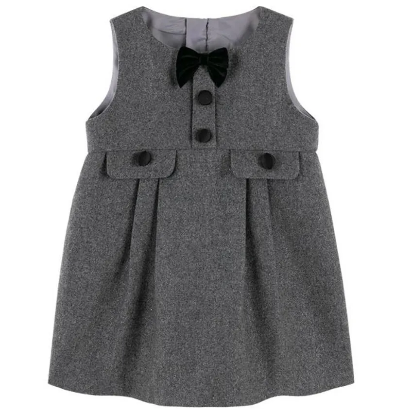 Baby girl autumn winter vintage preppy style woolen vest dress kids shiny handmade bow sleeveless birthday princess a-line