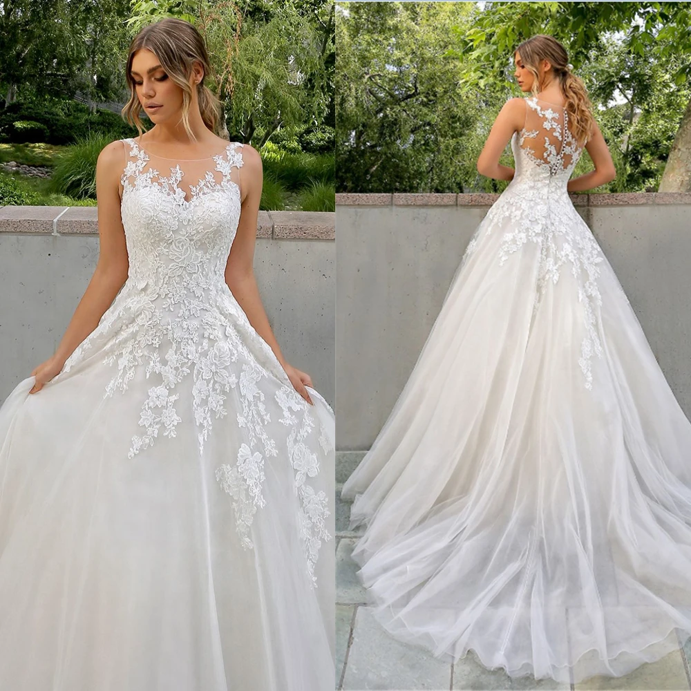 

Sexy O Neck Lace Wedding Dress New Fashion Invisible Neckline Dress For Wedding Party Zipper Vestido De Noiva with Train