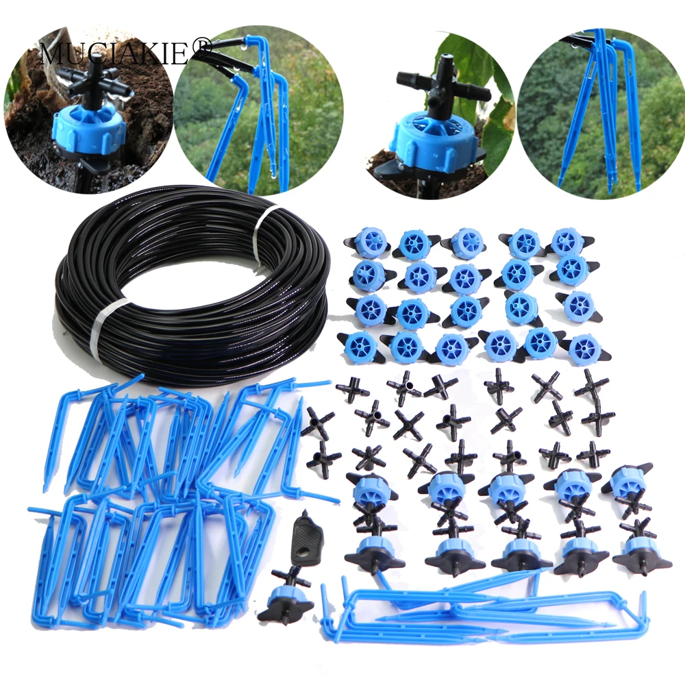 

20M 30M 8LPH Compensation Dripper Watering Drip Kits Patio 4-Way Distribution Irrigation for Greenhouse Blue Bending Emitter