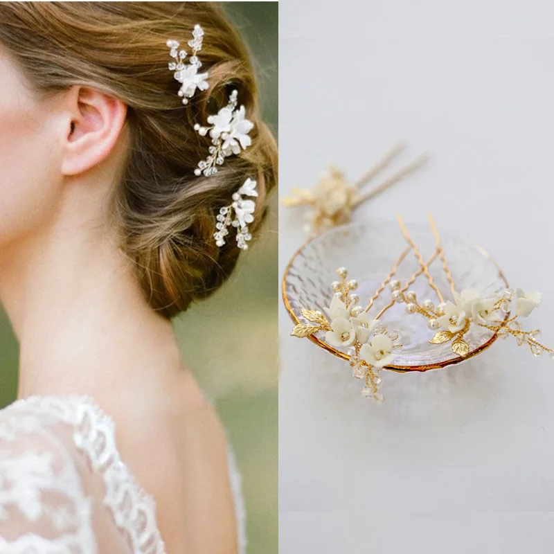 

Floralbride Handmade Wired Alloy Ceram Flower Pearls Bridal Hair Pins Wedding Hair Stickers Hair Accessories Women Hair Jewelry