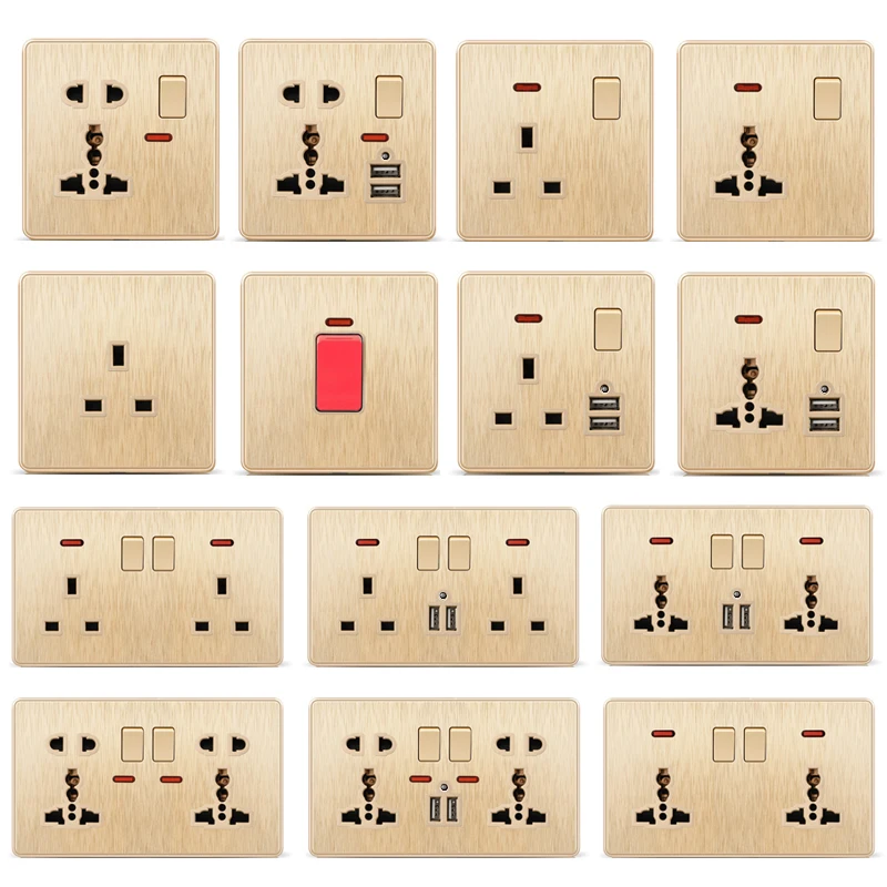 UK Standard Power Socket 13A Dual USB Charger 2.1A LED Indicator Single Double Wall Outlet Malta Singapore Luxury Gold Plastic