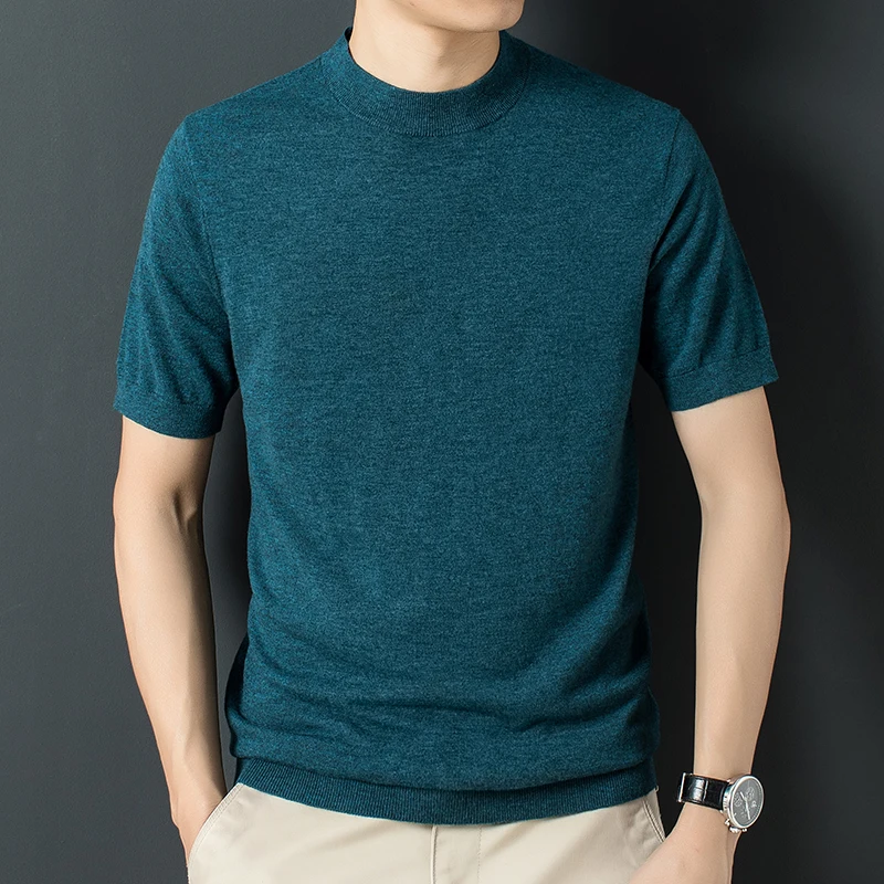 

Men's 100% Wool T Shirts Spring & Autumn Cashmere Jumper Short Sleeve Knit Tops Male Pure Wool Sweater Pullovers