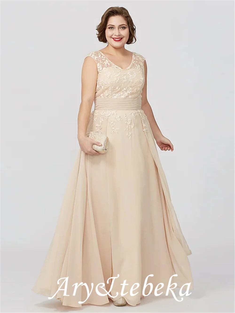 A-Line Mother of the Bride Dress Plus Size Elegant V Neck Floor Length Chiffon Sheer Lace Sleeveless with Sash/Ribbon Appliques