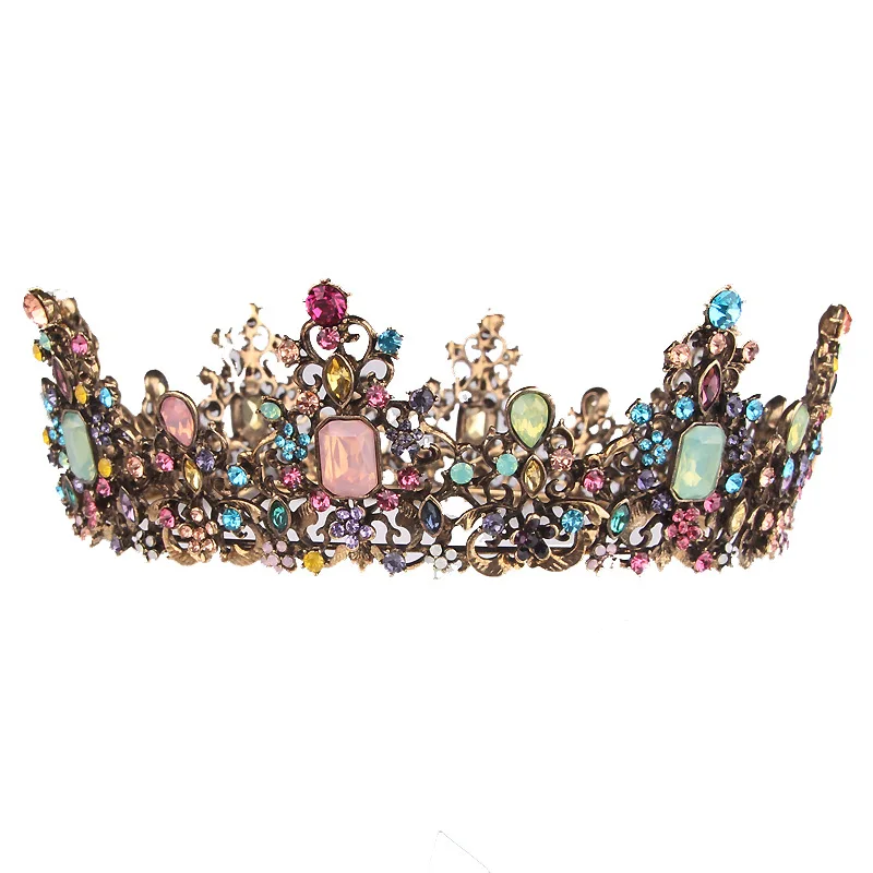 HG2322-tiara de corona de Boda nupcial, diadema de boda de aleación de lujo, con diamantes de imitación coloridos dorados grandes y clásicos