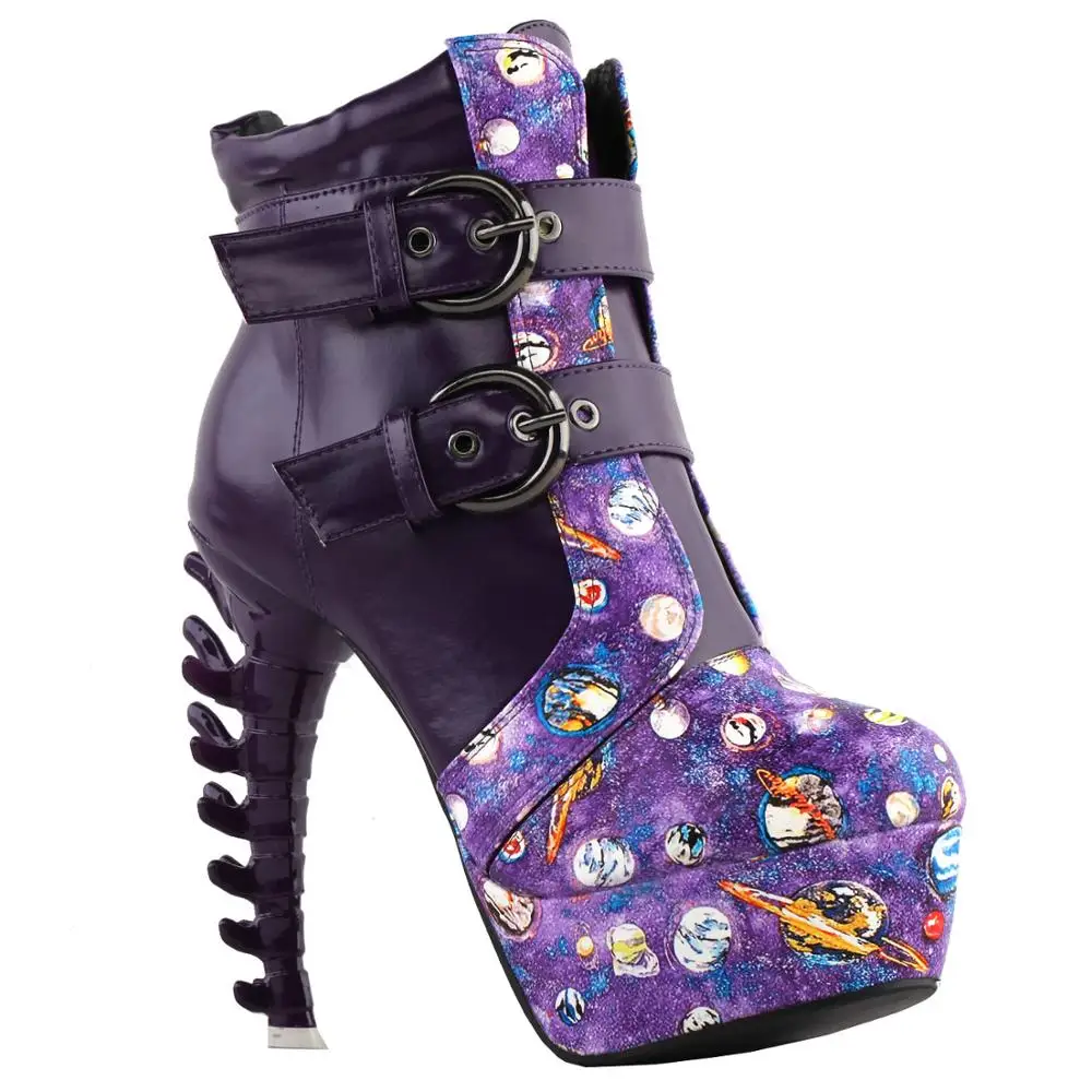 LF80685 SHOW STORY Punk Vintage Rockabilly Purple Strap Buckle High-top Bone Platform Ankle Boots