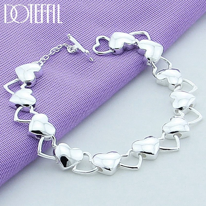 DOTEFFIL 925 Sterling Silver Solid Hollow Full Heart Bracelet For Woman Charm Wedding Engagement Party Fashion Jewelry