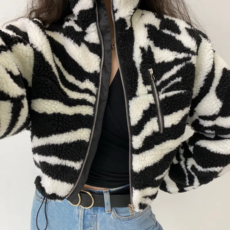 Manteau en laine d'agneau à manches longues, fermeture éclair, en peluche, veste courte chaude, col montant, zèbre, Streetwear, Vintage, hiver