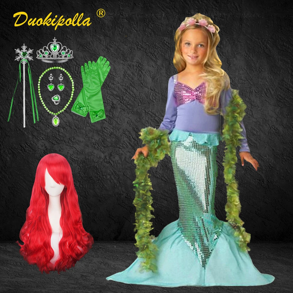 La Sirenita de disfraz de Halloween para niñas, vestido de Ariel para niñas, vestido de princesa de fiesta, peluca roja de sirena para niños, vestido de hada