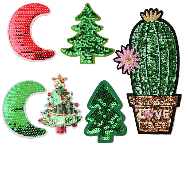 Moon Cactus Christmas tree sequins icon Embroider Iron on Patch for Clothing DIY Stripes Clothes Patchwork Sticker Custom Badge