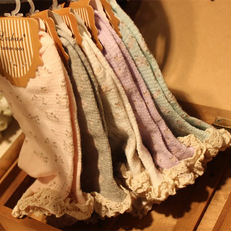 

5-pairs Lolita Mori Girl Lace Ruffle Ankle Socks Flower Patterned Cotton Dress Socks