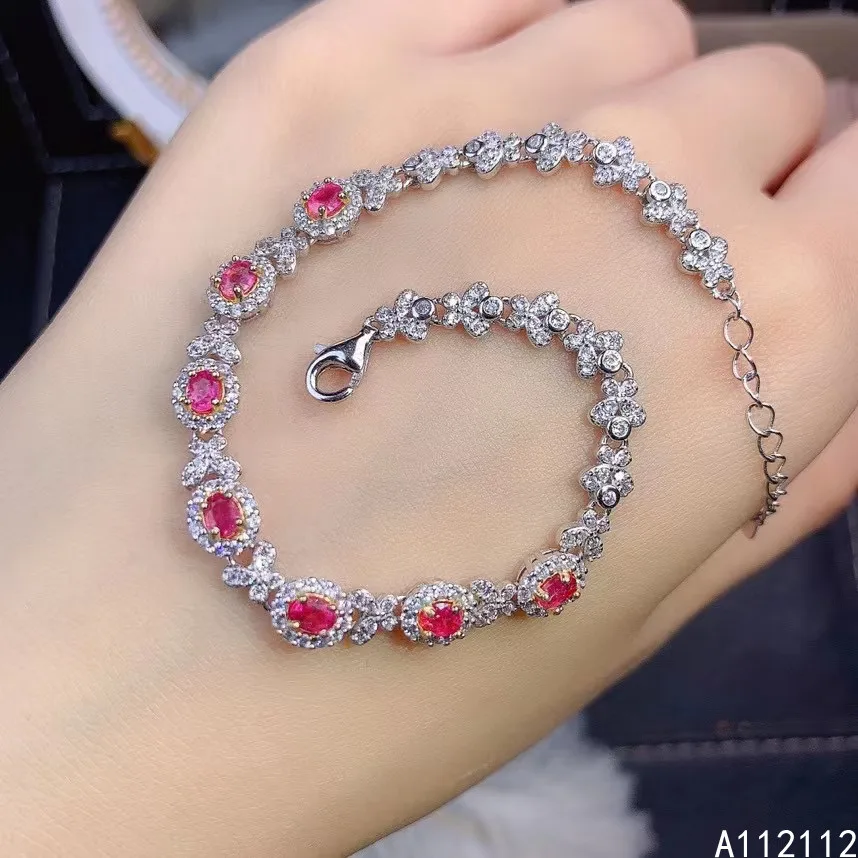 

Fine Jewelry 925 Sterling Silver Inset With Natural Gemstones Women's Luxury Noble Pink Sapphire Hand Bracelet Support Detection