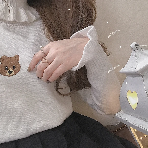 Harajuku Cute Bear Girl Turtleneck Sweater Vintage High Neck Kawaii Female Knitted Pullover Women Ruffle Slim Jumper White Black