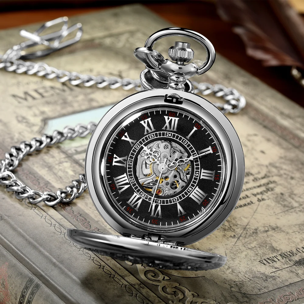 Classic Retro Automatic Mechanical Men\'s Pocket Watch Roman Numeral Dial Dragon Phoenix Engraving Pattern Watches Hollow Design