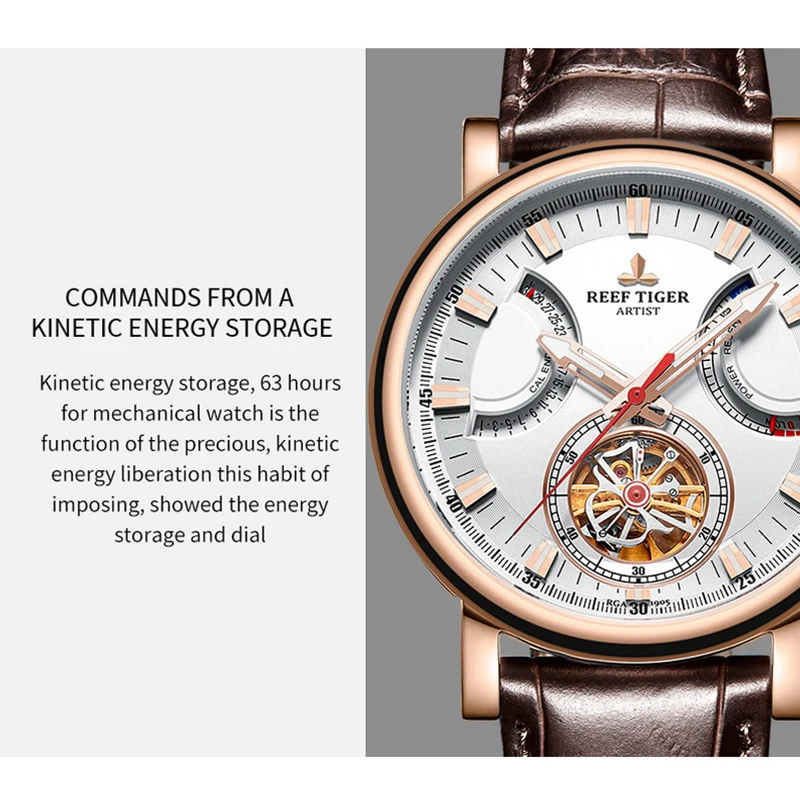 ساعات ريف تايجر الفاخرة للرجال، ساعة أوتوماتيكية للرجال، ساعة يد ميكانيكية مقاومة للماء، هيكل عظمي من الياقوت، احتياطي الطاقة، سوار جلدي