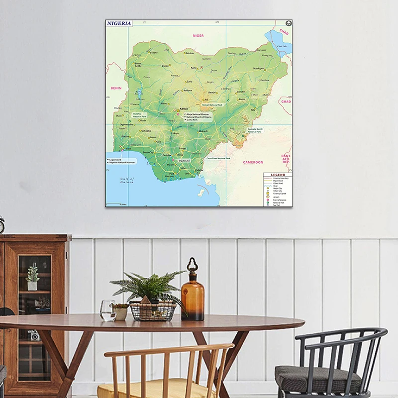 150*150cm The Nigeria Topographic Map Wall Art Picture Non-woven Canvas Painting Unframed Poster Study Supplies Home Decor