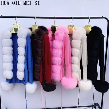 Cárdigans de punto para mujer, suéter con piel de zorro Natural, cárdigan corto de punto, abrigo de piel de zorro Real, Cuello de piel de mapache