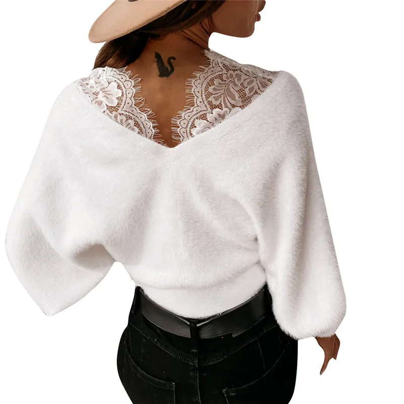 Women Sweaters Winter 2021 V-Neck Long Sleeve Stretch Knitted Sweaters Lace Knitwear Swetry Pull Femme Woman Winter Clothes