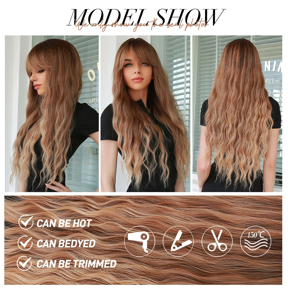 oneNonly Long Brown Blonde Wigs with Bangs Water Wave Heat Resistant Wavy Hair Synthetic Wig for Women Daliy Natural Lolita