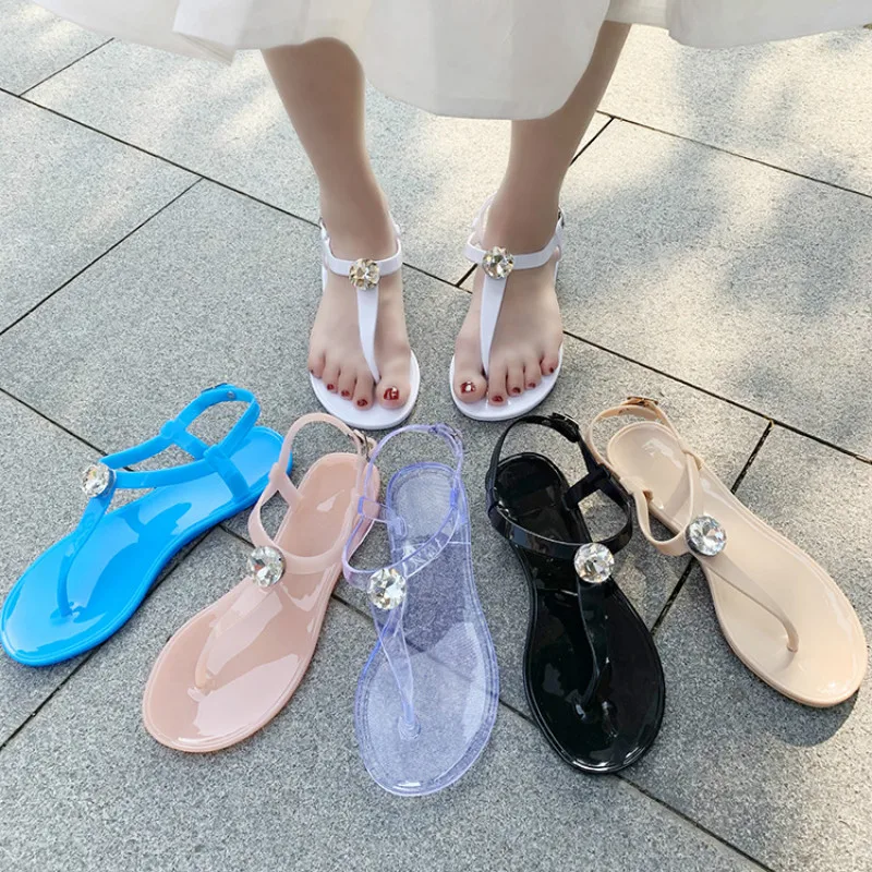 Women Summer Sandals Fashion Rhinestone Beach Shoes Flat with Transparent PVC Jelly Sandal White Black Woman Large Size 41 42