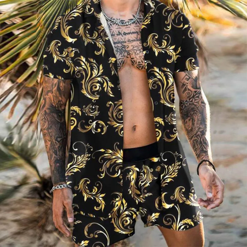 Men\'s Suit Short Sleeve Hawaiian Shirt + Shorts Large Summer Print Casual Blouses Beach Two-Piece Suit 2023 New Fashion Clothing