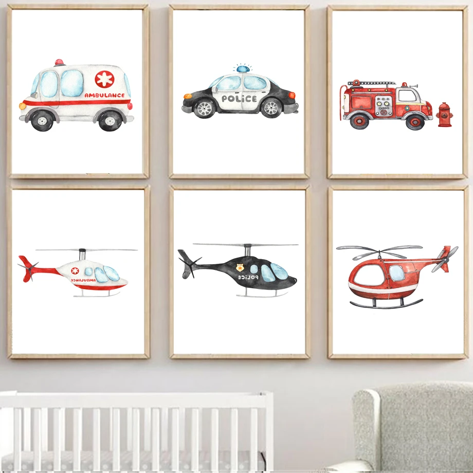Ambulancia policial, camión de bomberos, avión, cuadro sobre lienzo para pared, carteles nórdicos e impresiones de imágenes para decoración del hogar para habitación de bebés y niños