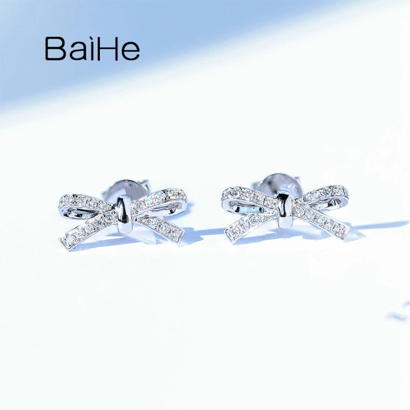 BAIHE Solid 14K White Gold 0.16ct H/SI Natural Diamond Bowknot Stud Earrings Women Trendy Fine Jewelry boucle d’oreille kolczyki