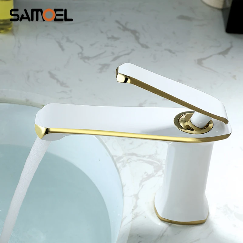 

High-end gorgeous modern brass white and gold basin faucet mixer deck mount lavatory cold hot water tap W3053