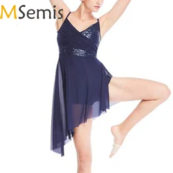 Kids Girls Sequin V-neck Ballet Lyrical Dance Dress Irregular High Low Waltz Skirt Gymnastics Skating Latin Performance Costume