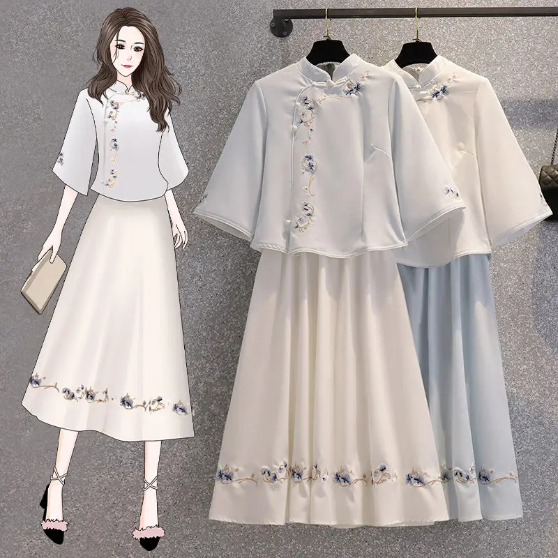 2023 Chinese Style Women's Clothes Skirts Suit Summer Retro Embroidery Blouse Improved Hanfu Skirts Two-piece Sets aq614