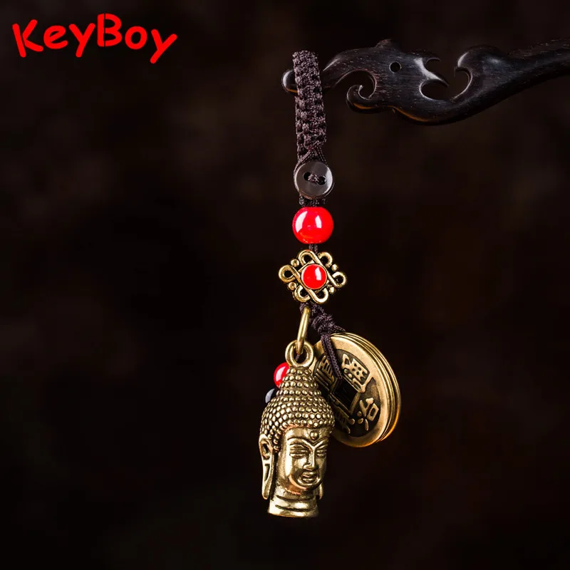 Brass Buddha Head Buddhism Car Keychain Pendant Vintage Lucky Women Bag Hangings Jewelry Handmade Lanyard Keyrings