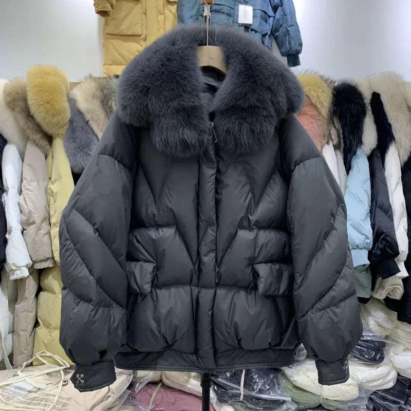 Short Down Parkas Female Natural Fox Fur Collar Loose Oversize 90% White Duck Down Jacket Women Winter Outwear Coat Veste Femme