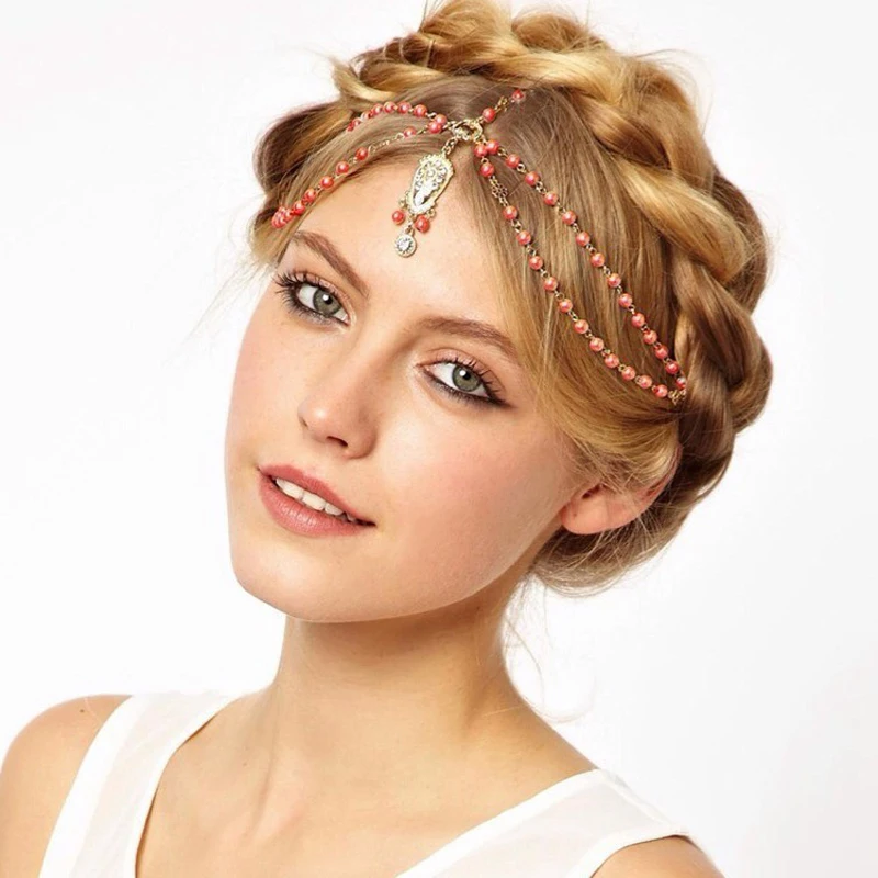 Indian Headdress Boho Hair Band White Red Beaded Forehead Head Piece Crystal Headchain Pearl Headband Fashion Women Hair Jewelry