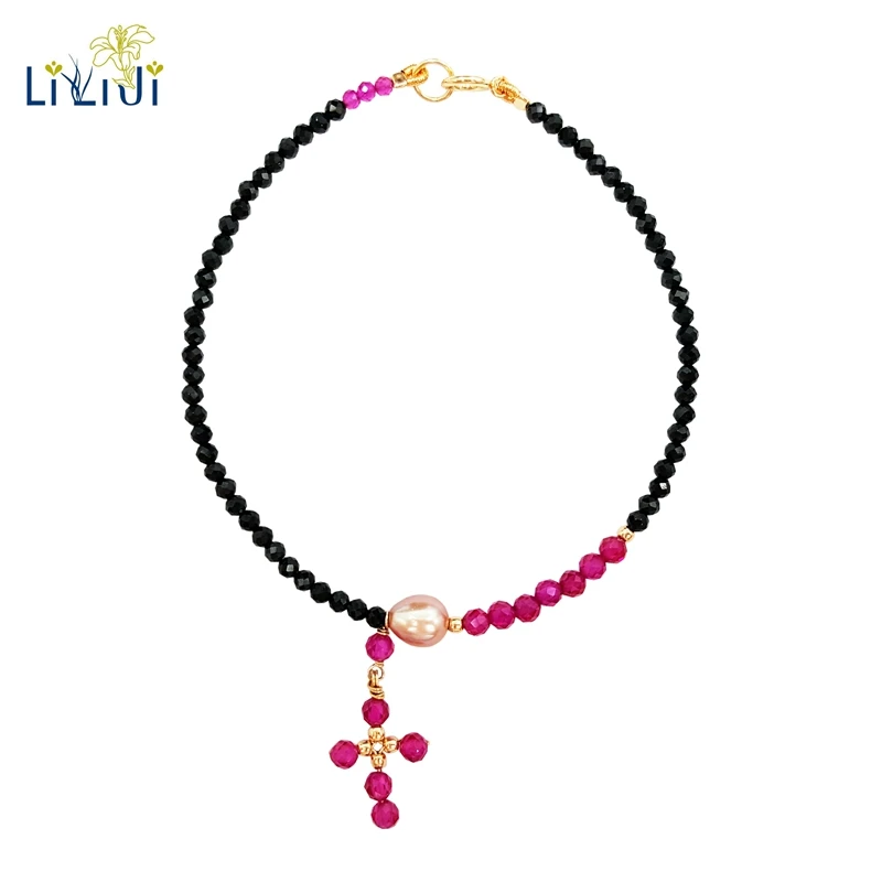 

Lii Ji Gemstone Natural Black Spinel,Lab-created Ruby,Cross Charm Fashion Anklet Women Gift