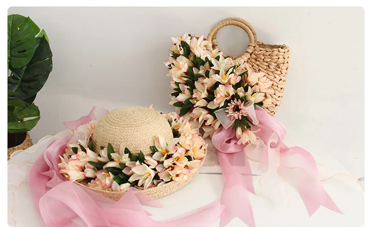 Summer women\'s handmade casual Holiday beach Panama Caps straw hat+ bags Holiday beach Lace sun hat and raffia handbag set