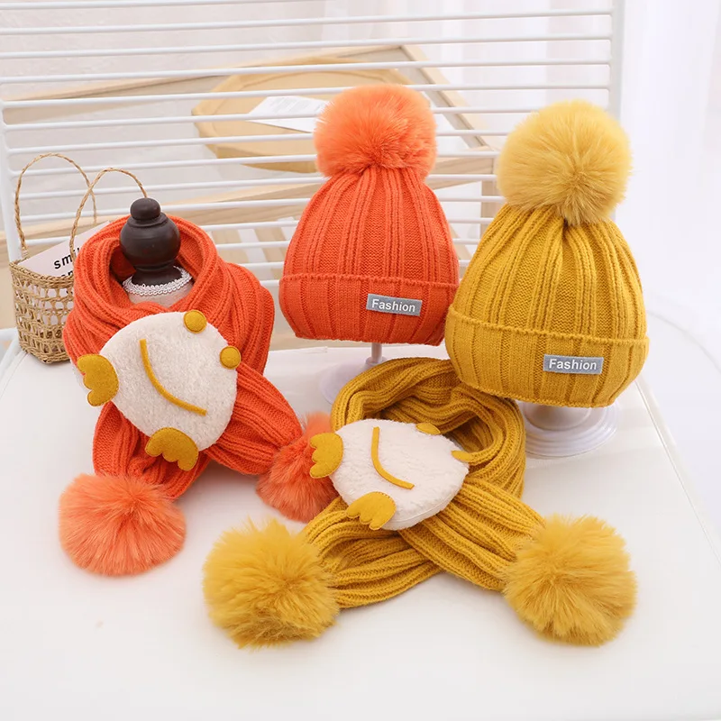 Doitbest Winter Boys Girls Warm Beanies Caps Scarf Hat Set 2021 Solid Acrylic Warm Baby Kids knit Hats Scarves sets