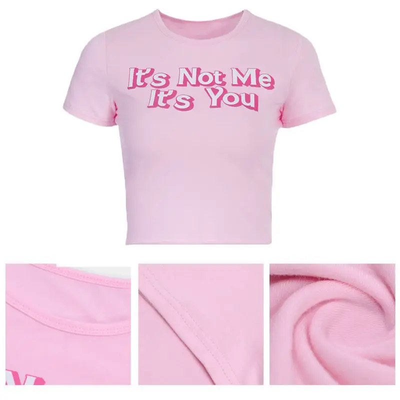 Frauen Kurzarm Dünnes T-Shirt Seine Nicht Mir Seine Sie Buchstaben Rosa Kawaii Crop Top A0NF