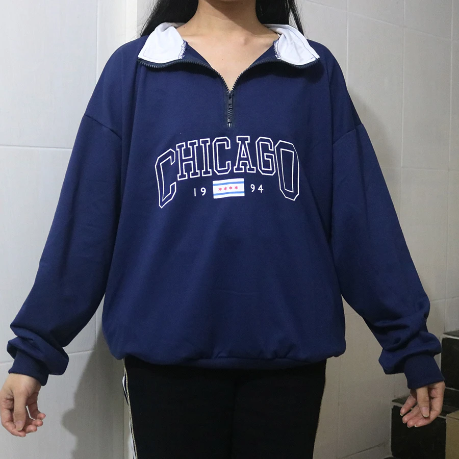 Dark Blue Letter Printing Zip Up Collar Sweatshirt Women Vintage Brand Fashion Oversized Loose Casual Streetwear New Long Sleeve