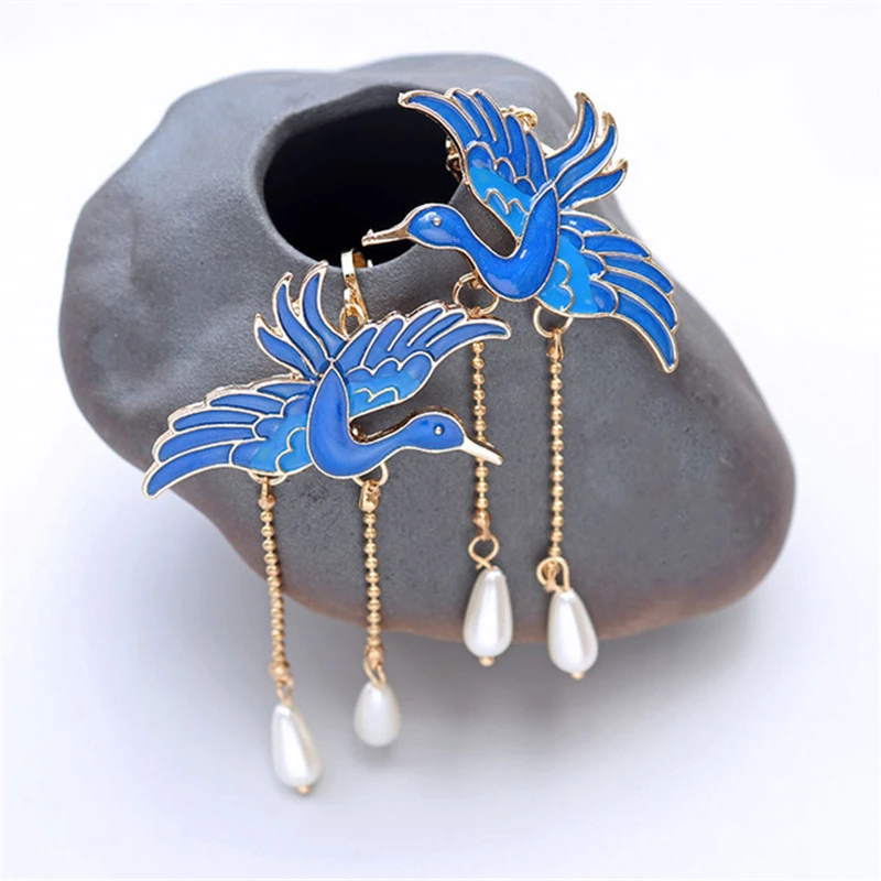 Blue Retro Headdress Hairpin Female Tassel Ear Clip Temperament Hair Crown Chinese Antique Xiuhe Accessories Hair Jewelry Set