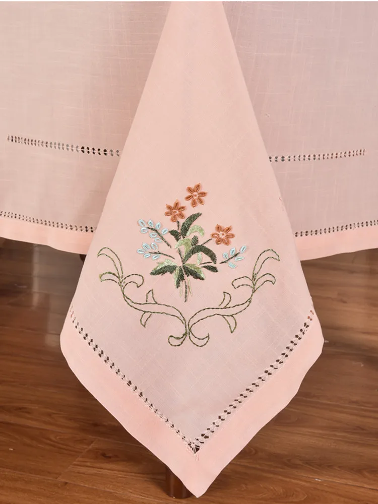 [Camellia Casa]Fabulous Light Coral Tablecloth, Hemstitched & Embroidered 100% by Hand, set with 8 Napkins,linen look, big size