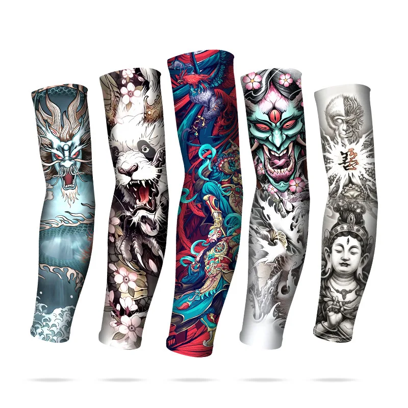 Chinese Tattoo Sleeves Men Armguard Outdoor Biker Gloves Driving Sunscreen Fishing Longsleeve Ice Silk Summer Women Arm Sleeves