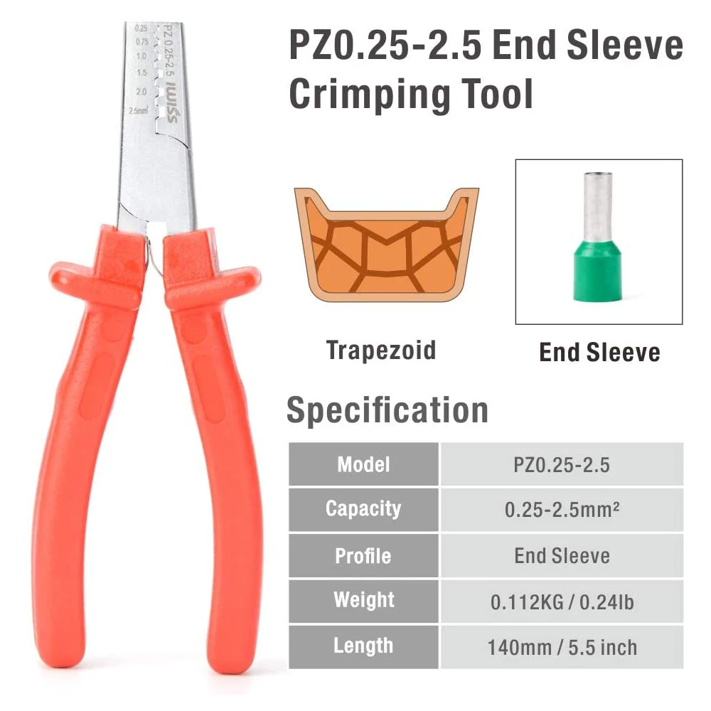 IWISS PZ-0.5-2.5 Crimping Plier Crimp Tool for Wire Ferrule 0.5–2.5 mm² for Insulated Crimp Bootlace Ferrule with Plastic Collar