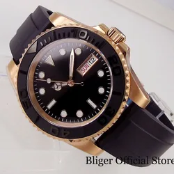 BLIGER  NH36A WEEKDAY Date Rose Gold Coated Selfwinding Men Watch Flat Sapphire Glass Rubber Band  Black Insert