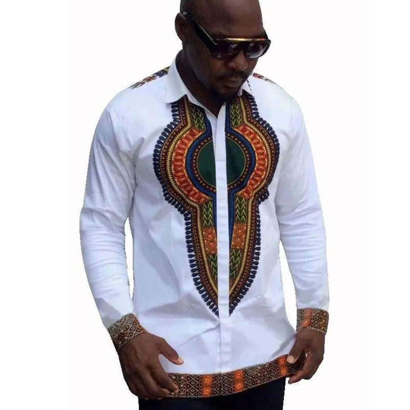 White Print African Dashiki Shirt Men 2020 Brand New Long Sleeve Mens Shirt Casual Slim Fit Tribal Gypsy Ethnic African Clothing