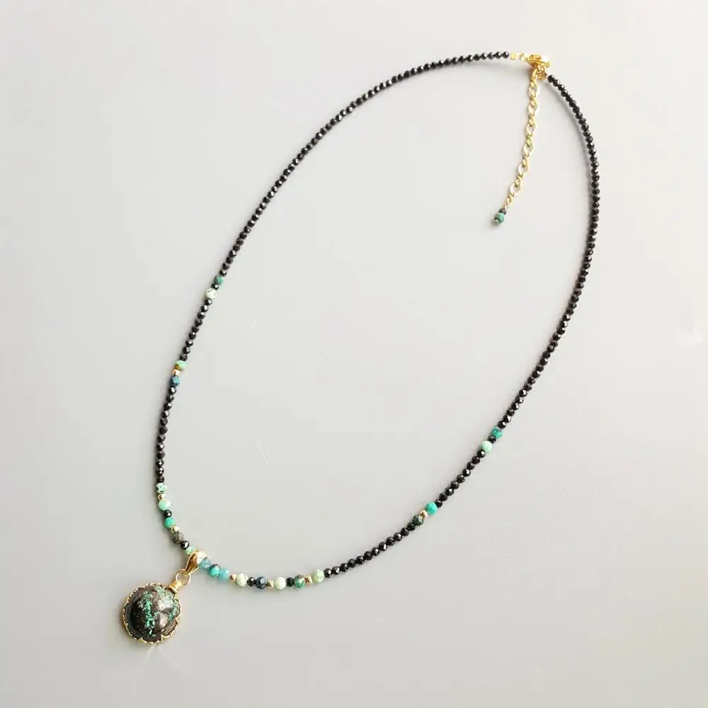 LiiJi Genuine Black Spinels Chrysocolla Pendant Charms Goldfilled Delicated Handmade Necklace