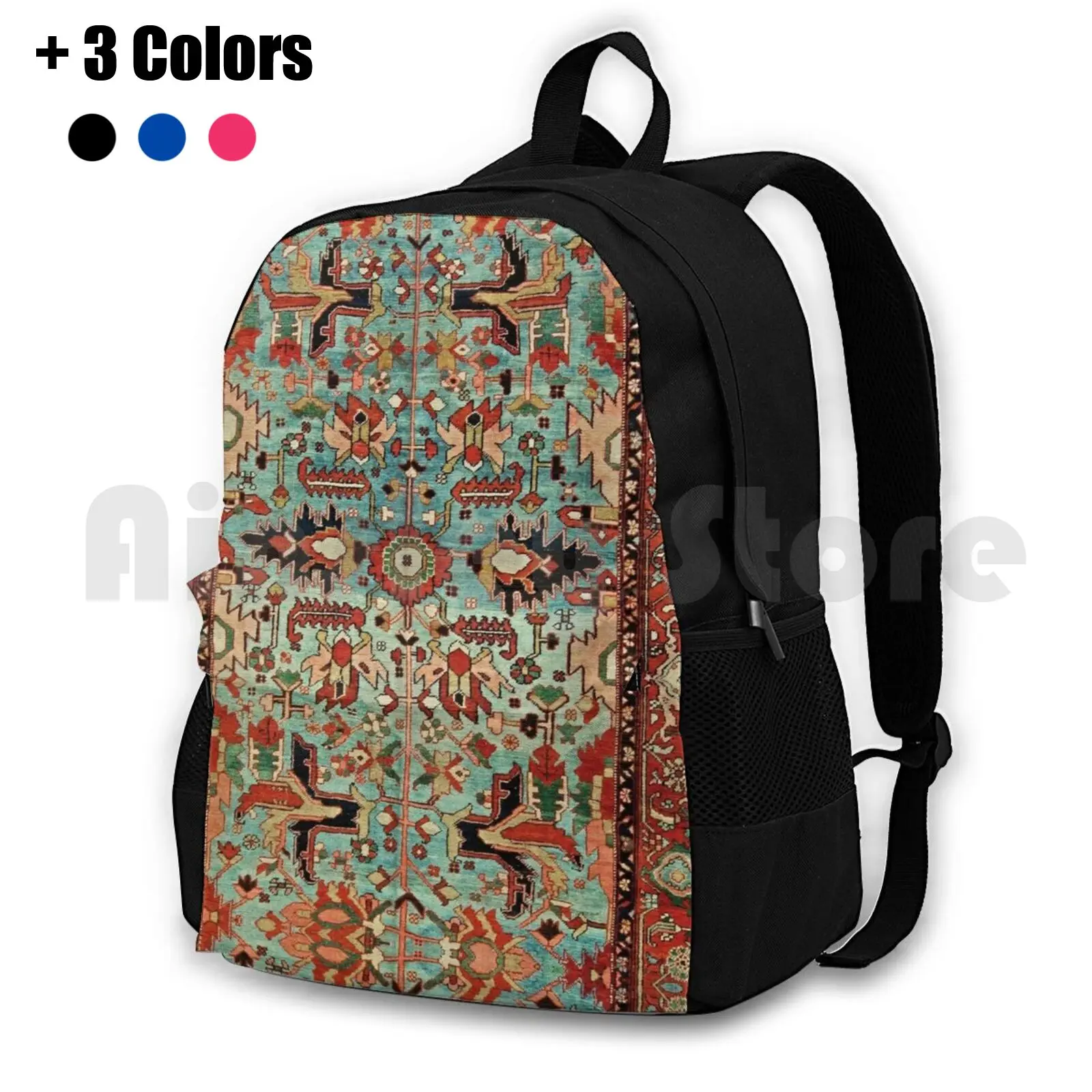 Antique Heriz Persian Carpet Print Outdoor Hiking Backpack Riding Climbing Sports Bag Vintage Vintage Rug Carpet Persian Heriz