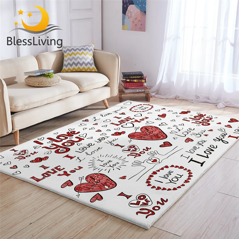 BlessLiving I Love You Area Rug Red Hearts Living Room Carpet Hand Drawn Non-slip Floor Mat Valentines Day Rugs Home Decor tapis