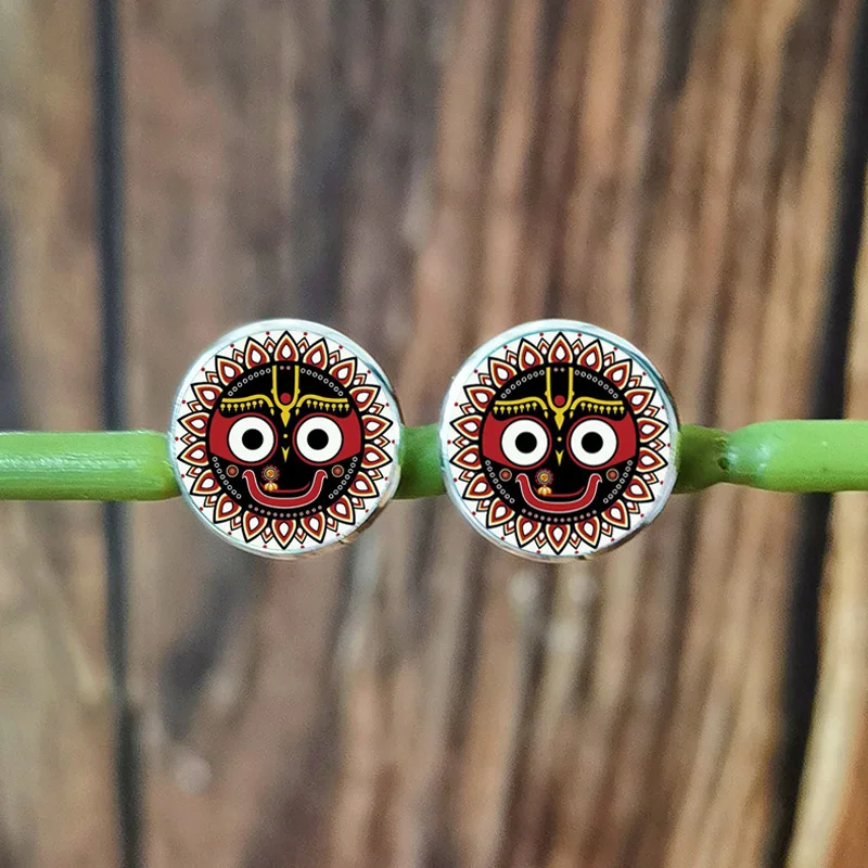 New Hindu God lord Jagannath Earrings for Women Men Cartoon Face Mandala Religious Glass Photo Handmade Stud Earring Jewelry